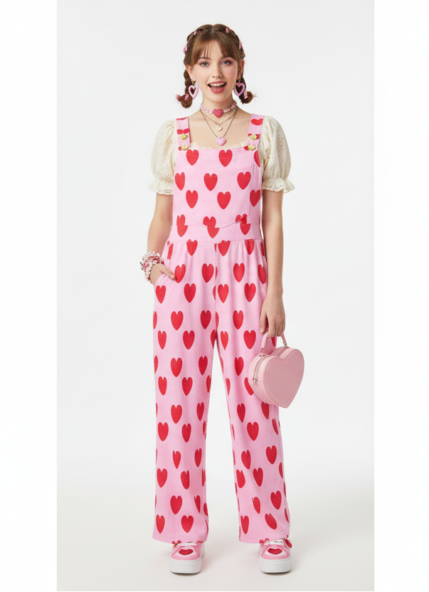 Sweet Love Hearts Adjustable Strap Wide Leg Jumpsuit Overalls With Pockets (Red x Pink)