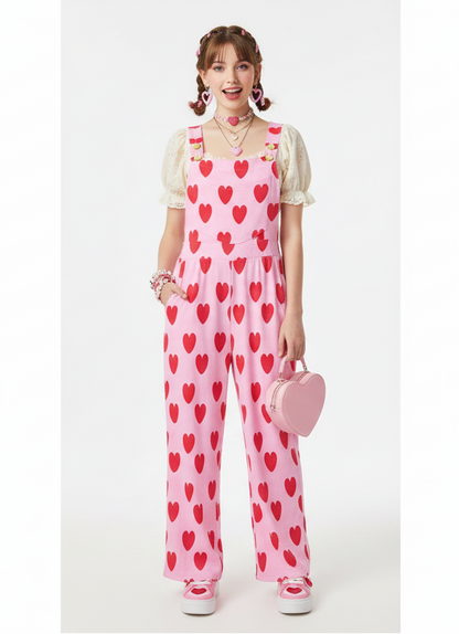 Sweet Love Hearts Adjustable Strap Wide Leg Jumpsuit Overalls With Pockets (Red x Pink)