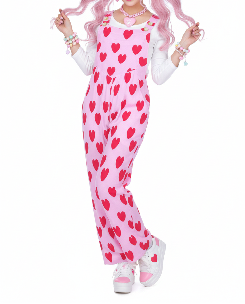 Sweet Love Hearts Adjustable Strap Wide Leg Jumpsuit Overalls With Pockets (Red x Pink)