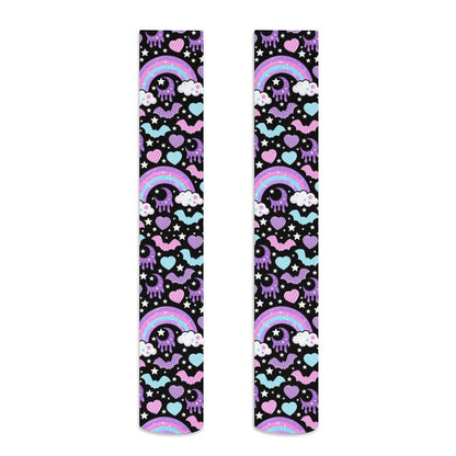 Rainbow Spooky Bats Over Knee Stocking Socks (Black)