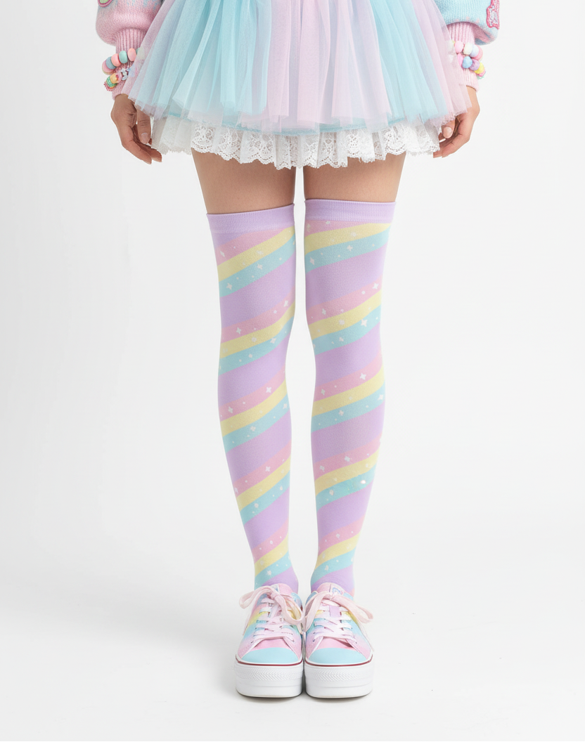 Fairy kei Yumekawaii Kawaii fashion pastel rainbow stripes harajuku fashion jfashion pop kei magical girl mahou shoujo over the knee stocking socks purple lilac lavender