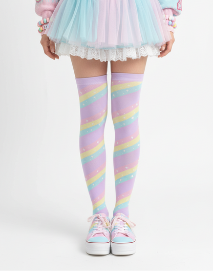 Fairy kei Yumekawaii Kawaii fashion pastel rainbow stripes harajuku fashion jfashion pop kei magical girl mahou shoujo over the knee stocking socks purple lilac lavender