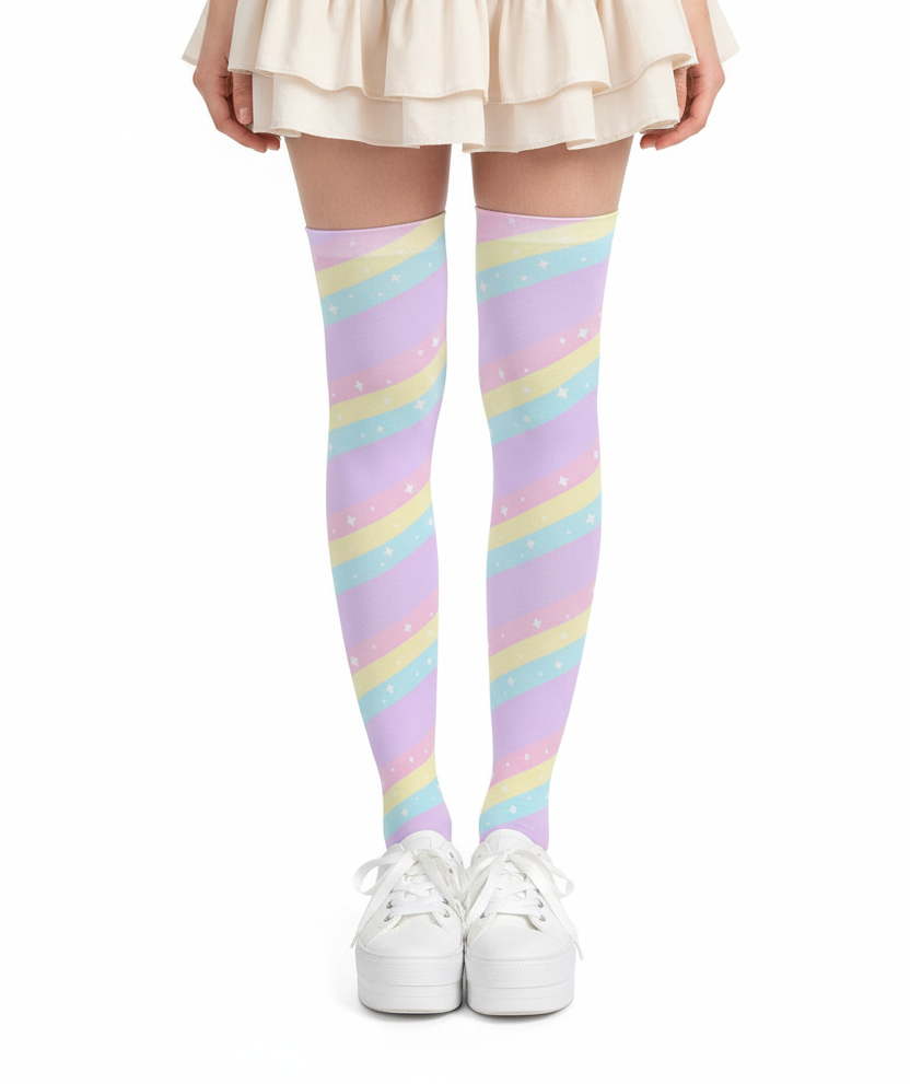 Fairy kei Yumekawaii Kawaii fashion pastel rainbow stripes harajuku fashion jfashion pop kei magical girl mahou shoujo over the knee stocking socks purple lilac lavender