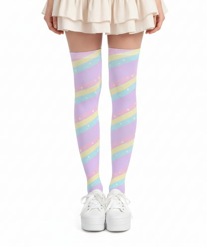 Fairy kei Yumekawaii Kawaii fashion pastel rainbow stripes harajuku fashion jfashion pop kei magical girl mahou shoujo over the knee stocking socks purple lilac lavender