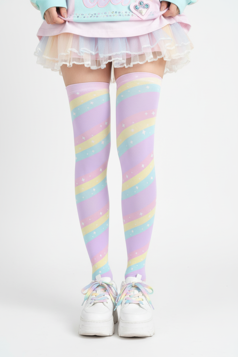 Fairy kei Yumekawaii Kawaii fashion pastel rainbow stripes harajuku fashion jfashion pop kei magical girl mahou shoujo over the knee stocking socks purple lilac lavender