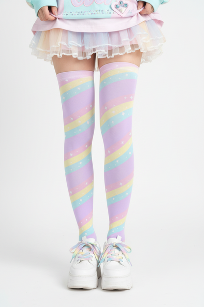 Fairy kei Yumekawaii Kawaii fashion pastel rainbow stripes harajuku fashion jfashion pop kei magical girl mahou shoujo over the knee stocking socks purple lilac lavender