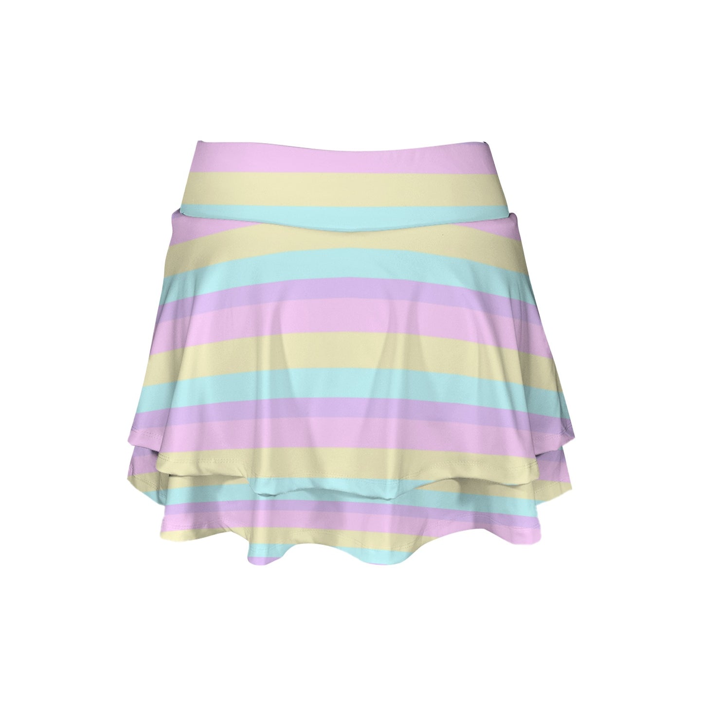Pastel Stripes Color Block Activewear High Waist Layered Ruffled Sports Mini Skirt With Mesh Shorts & Pockets (Skort)