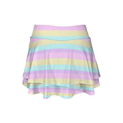 Pastel Stripes Color Block Activewear High Waist Layered Ruffled Sports Mini Skirt With Mesh Shorts & Pockets (Skort)
