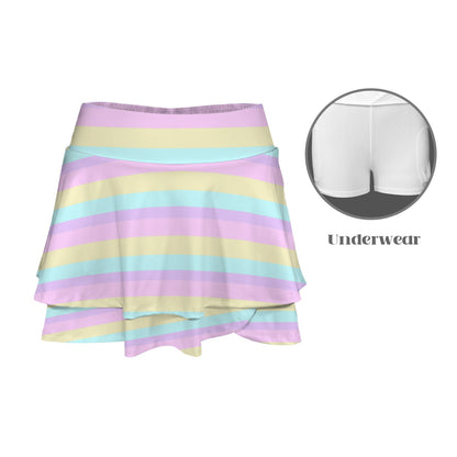 Pastel Stripes Color Block Activewear High Waist Layered Ruffled Sports Mini Skirt With Mesh Shorts & Pockets (Skort)