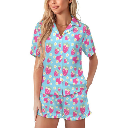 Strawberry Cutie Women's Top & Bottom Pajama Loungewear Set Short Sleeve Button Top Frilly Ruffled Shorts With Pockets (Fruity Berry Blue)