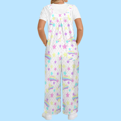 Starry Party White Adjustable Strap Wide Leg Jumpsuit Overalls With Pockets