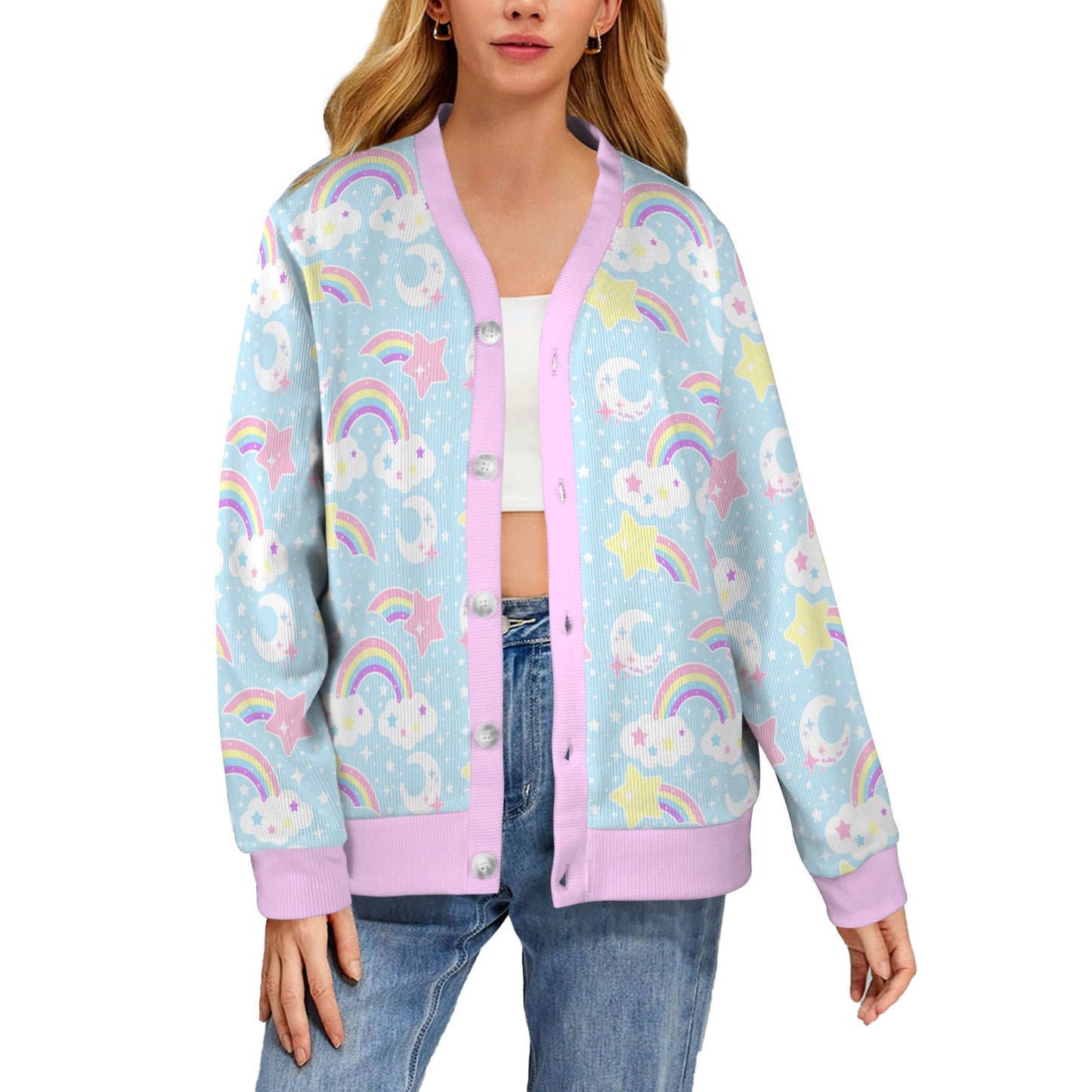 Dreamy Rainbow Women's Ribbed Button Up Cardigan (Blue)