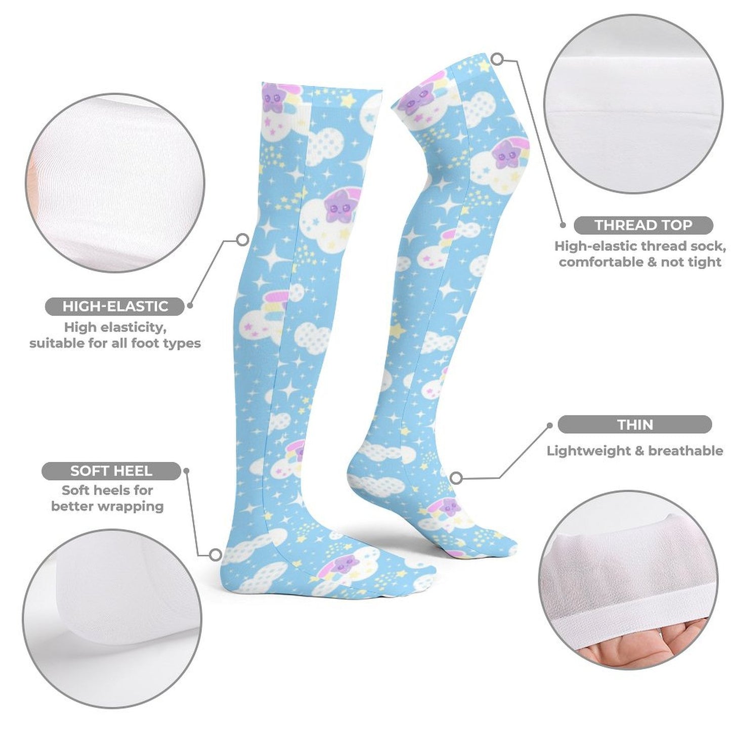 Shooting Star Clouds Over Knee Stocking Socks (Blue)