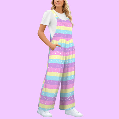 Starry Party Rainbow Adjustable Strap Wide Leg Jumpsuit Overalls With Pockets