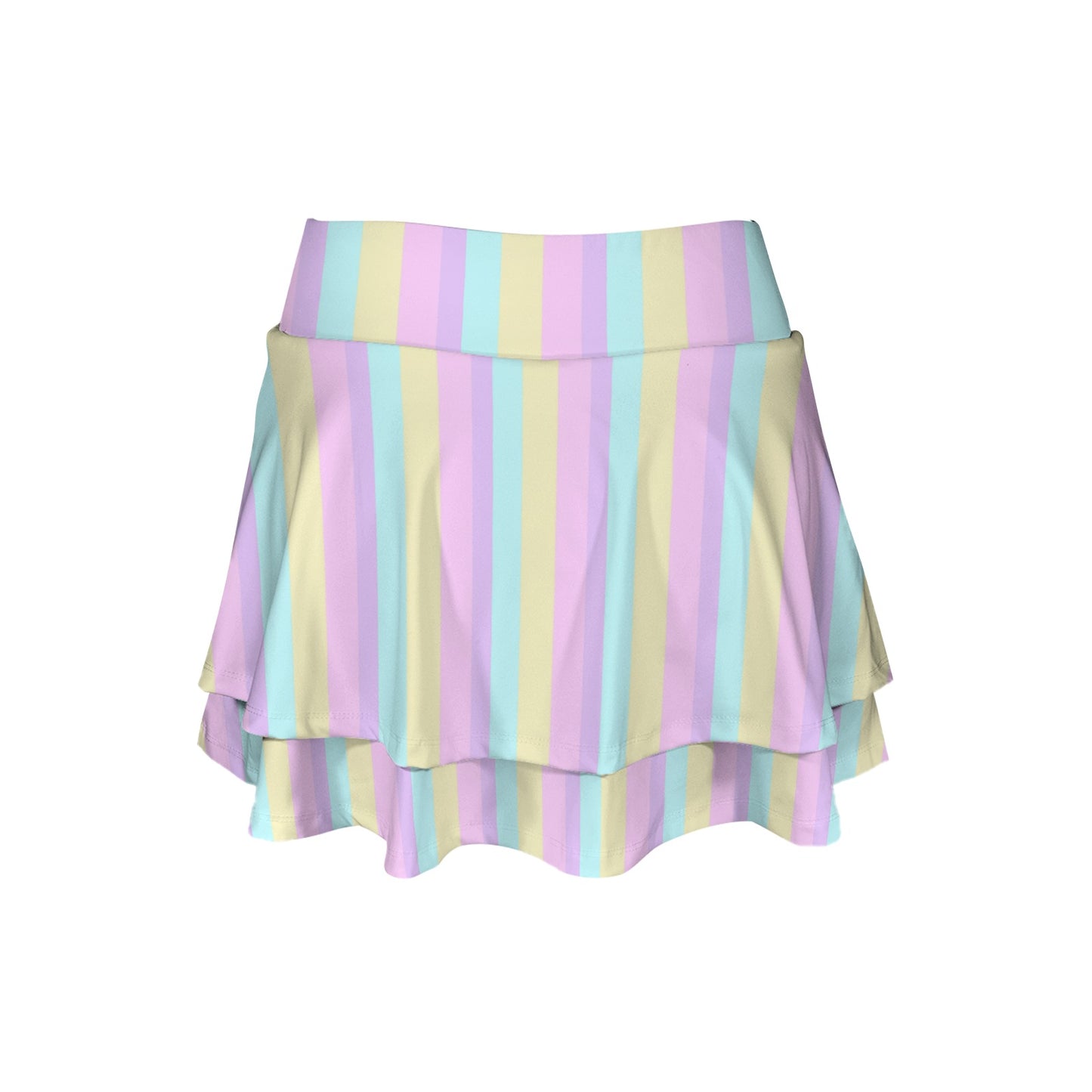Pastel Stripes Color Block Activewear High Waist Layered Ruffled Sports Mini Skirt With Mesh Shorts & Pockets (Skort)