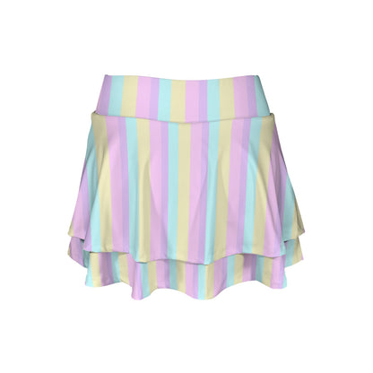 Pastel Stripes Color Block Activewear High Waist Layered Ruffled Sports Mini Skirt With Mesh Shorts & Pockets (Skort)