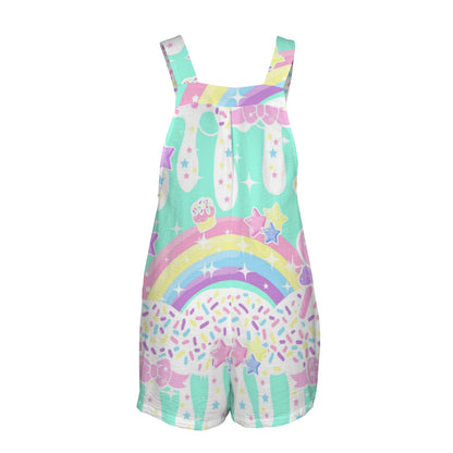 Rainbow Sweets Adjustable Strap Romper Overall Shorts With Pockets (Mint Candy Sprinkles)