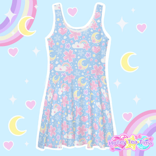 Cherry Blossom Dreams Blue Skater Dress