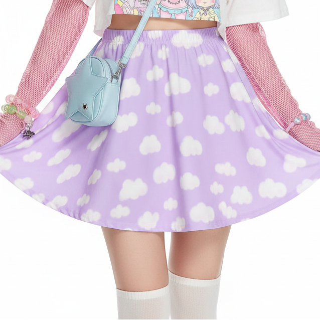 Cloud skirt kawaii fashion Harajuku style Jfashion j fashion fairy kei yume kawaii cutecore jojifuku heisei retro era  Dreamy Clouds Mini Skater Skirt (Lilac)  pastel purple lavender violet  sweet candy dreamy Holley Tea Time holleyteatime mini skirt cute