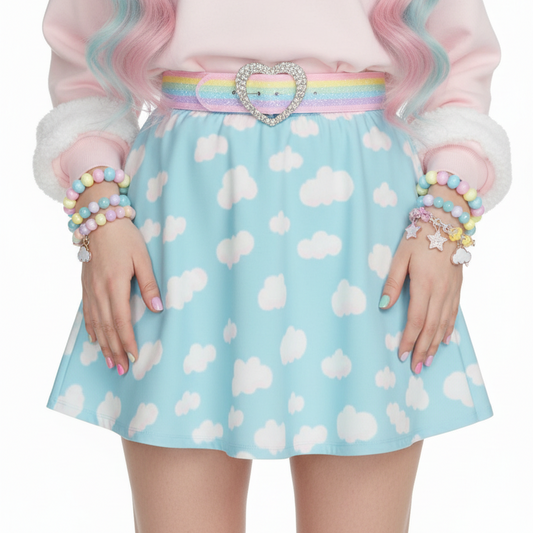 Cloud skirt kawaii fashion Harajuku style Jfashion j fashion fairy kei yume kawaii cutecore jojifuku heisei retro era  Dreamy Clouds Mini Skater Skirt (Sky Blue) aqua blue Holley Tea Time holleyteatime mini skirt cute