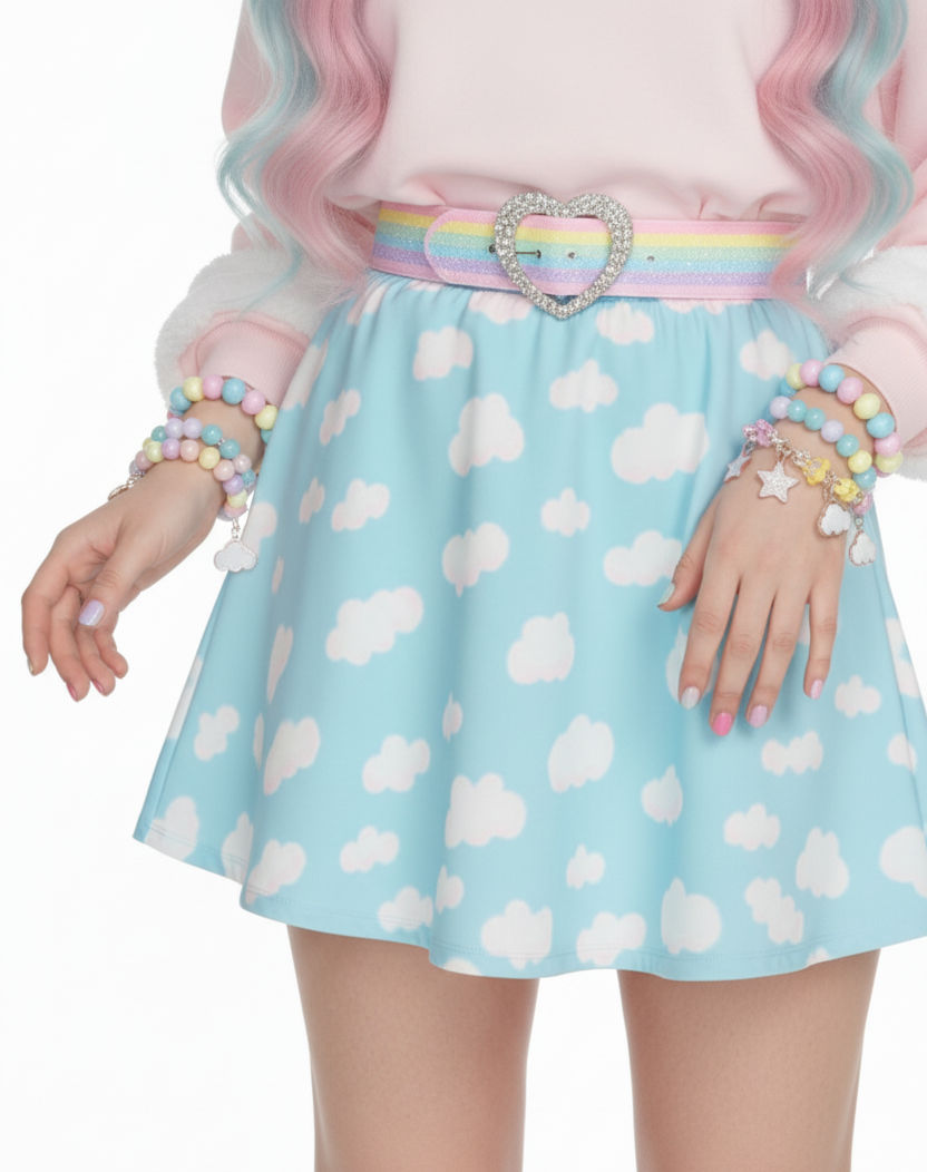 Cloud skirt kawaii fashion Harajuku style Jfashion j fashion fairy kei yume kawaii cutecore jojifuku heisei retro era  Dreamy Clouds Mini Skater Skirt (Sky Blue) aqua blue Holley Tea Time holleyteatime mini skirt cute