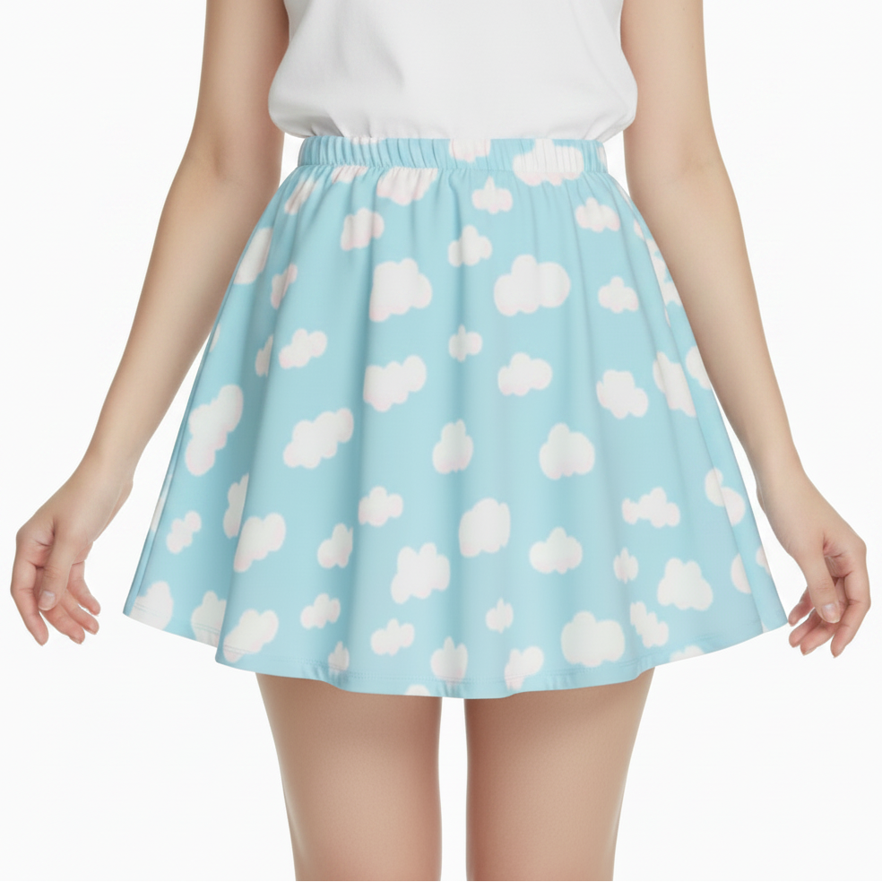 Cloud skirt kawaii fashion Harajuku style Jfashion j fashion fairy kei yume kawaii cutecore jojifuku heisei retro era  Dreamy Clouds Mini Skater Skirt (Sky Blue) aqua blue Holley Tea Time holleyteatime mini skirt cute