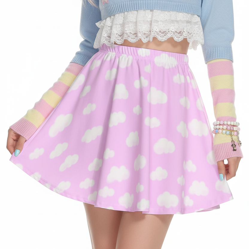 Cloud skirt kawaii fashion Harajuku style Jfashion j fashion fairy kei yume kawaii cutecore jojifuku heisei retro era  Dreamy Clouds Mini Skater Skirt (Taffy Pink) pastel sweet candy dreamy Holley Tea Time holleyteatime mini skirt cute