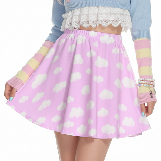 Cloud skirt kawaii fashion Harajuku style Jfashion j fashion fairy kei yume kawaii cutecore jojifuku heisei retro era  Dreamy Clouds Mini Skater Skirt (Taffy Pink) pastel sweet candy dreamy Holley Tea Time holleyteatime mini skirt cute