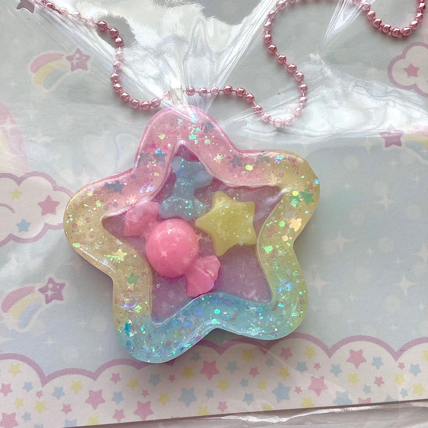 Cutie Star Shaker Necklace Mahou Kei Fairy Kei Yume Kawaii (Sweet & Dreamy Pastel Pink, Yellow, Blue, Purple) Jfashion cutecore jojifuku heisei retro glitter Harajuku style kawaii fashion 