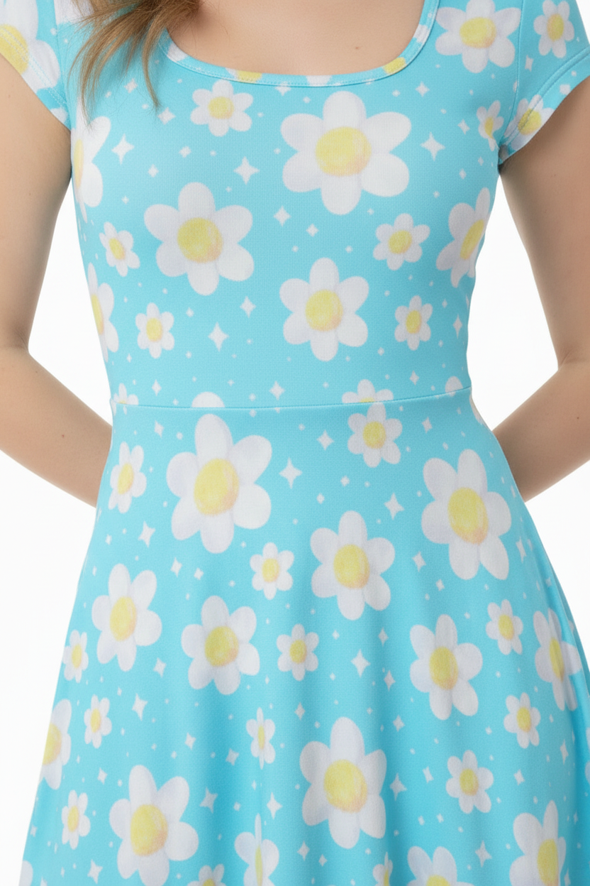 Daisy Dreams Sporty Women’s Square Neck Cap Sleeve Athletic Exercise Mini Dress With Shorts (Aqua Blue) cute cottagecore flower flowers y2k trendy summer sexy micro mini dress sportswear skater dress circle skirt 