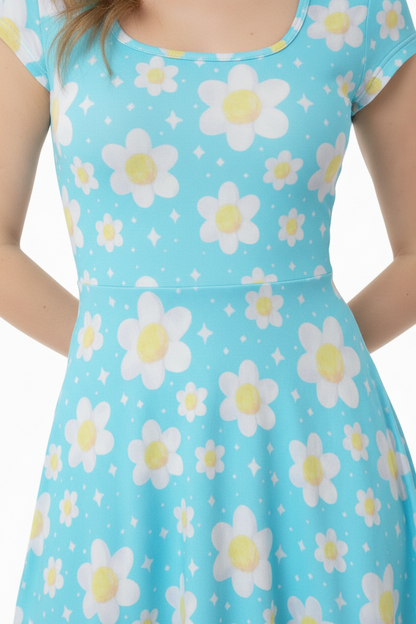 Daisy Dreams Sporty Women’s Square Neck Cap Sleeve Athletic Exercise Mini Dress With Shorts (Aqua Blue) cute cottagecore flower flowers y2k trendy summer sexy micro mini dress sportswear skater dress circle skirt 