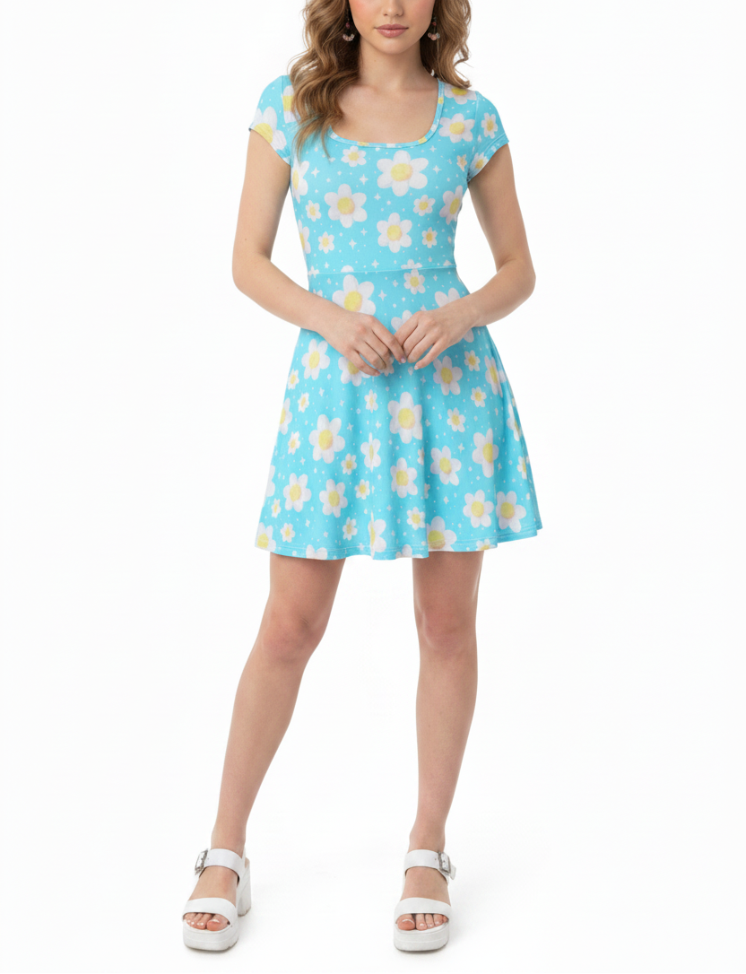 Daisy Dreams Sporty Women’s Square Neck Cap Sleeve Athletic Exercise Mini Dress With Shorts (Aqua Blue) cute cottagecore flower flowers y2k trendy summer sexy micro mini dress sportswear skater dress circle skirt 