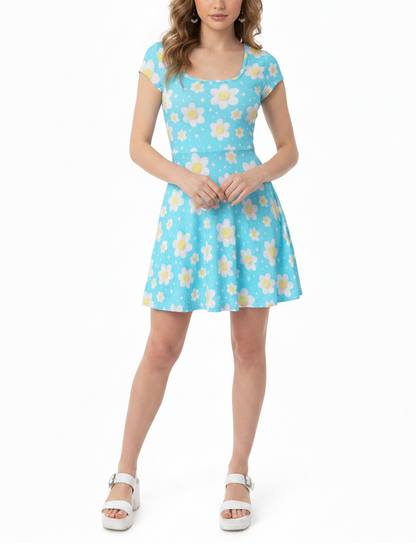 Daisy Dreams Sporty Women’s Square Neck Cap Sleeve Athletic Exercise Mini Dress With Shorts (Aqua Blue) cute cottagecore flower flowers y2k trendy summer sexy micro mini dress sportswear skater dress circle skirt 
