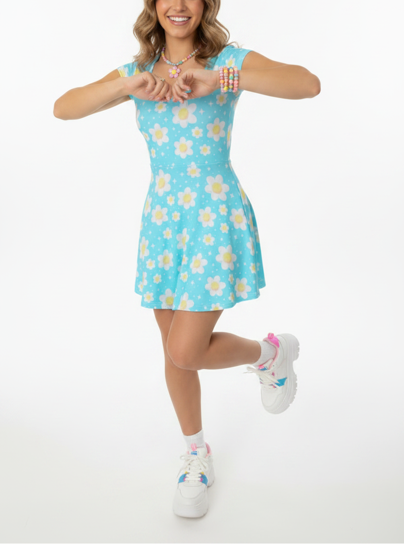Daisy Dreams Sporty Women’s Square Neck Cap Sleeve Athletic Exercise Mini Dress With Shorts (Aqua Blue) cute cottagecore flower flowers y2k trendy summer sexy micro mini dress sportswear skater dress circle skirt 