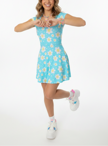 Daisy Dreams Sporty Women’s Square Neck Cap Sleeve Athletic Exercise Mini Dress With Shorts (Aqua Blue) cute cottagecore flower flowers y2k trendy summer sexy micro mini dress sportswear skater dress circle skirt 