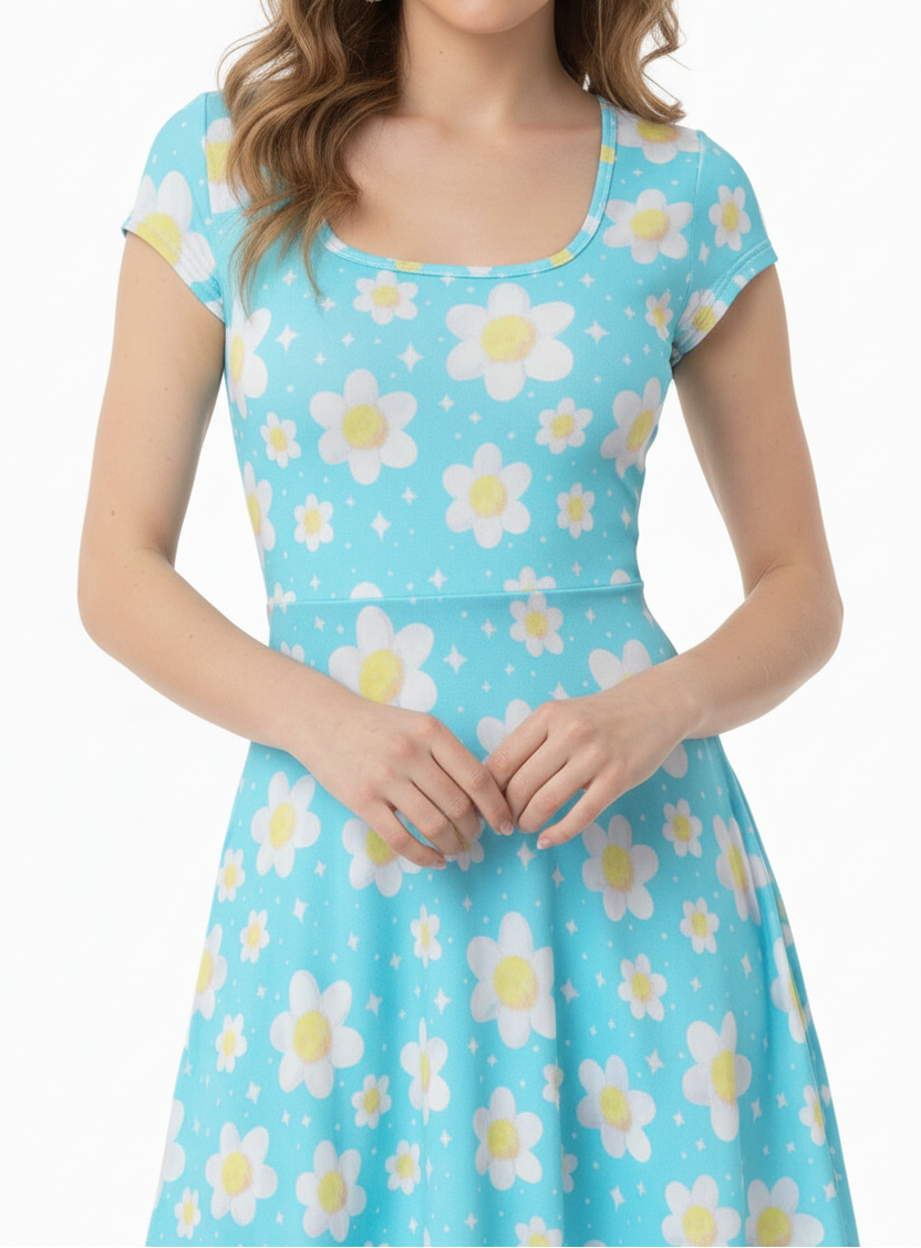 Daisy Dreams Sporty Women’s Square Neck Cap Sleeve Athletic Exercise Mini Dress With Shorts (Aqua Blue) cute cottagecore flower flowers y2k trendy summer sexy micro mini dress sportswear skater dress circle skirt 