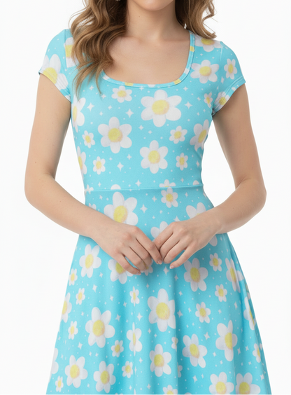 Daisy Dreams Sporty Women’s Square Neck Cap Sleeve Athletic Exercise Mini Dress With Shorts (Aqua Blue) cute cottagecore flower flowers y2k trendy summer sexy micro mini dress sportswear skater dress circle skirt 