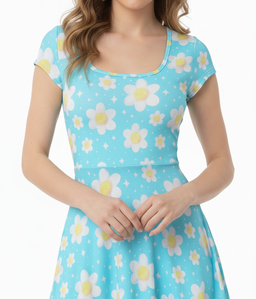 Daisy Dreams Sporty Women’s Square Neck Cap Sleeve Athletic Exercise Mini Dress With Shorts (Aqua Blue) cute cottagecore flower flowers y2k trendy summer sexy micro mini dress sportswear skater dress circle skirt 