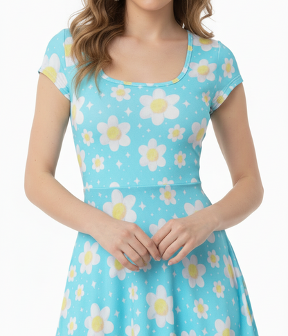 Daisy Dreams Sporty Women’s Square Neck Cap Sleeve Athletic Exercise Mini Dress With Shorts (Aqua Blue) cute cottagecore flower flowers y2k trendy summer sexy micro mini dress sportswear skater dress circle skirt 