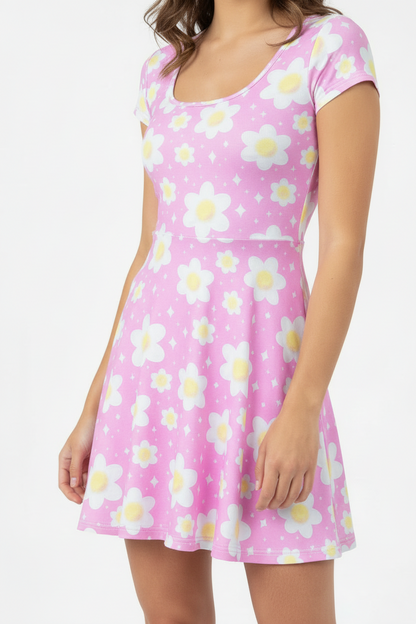 Daisy Dreams Sporty Women’s Square Neck Cap Sleeve Athletic Exercise Mini Dress With Shorts (Bubblegum Pink) cute cottagecore flower flowers y2k trendy summer sexy micro mini dress sportswear skater dress circle skirt barbie dress