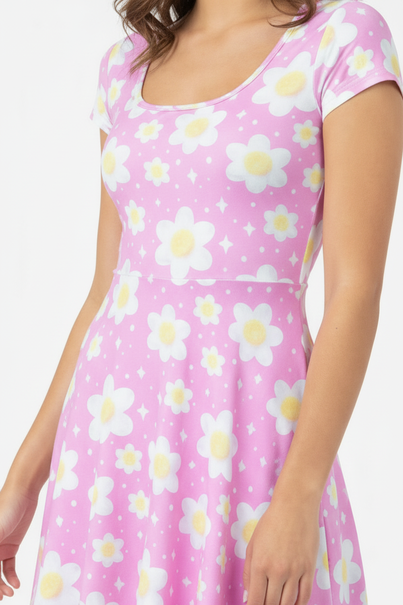 Daisy Dreams Sporty Women’s Square Neck Cap Sleeve Athletic Exercise Mini Dress With Shorts (Bubblegum Pink) cute cottagecore flower flowers y2k trendy summer sexy micro mini dress sportswear skater dress circle skirt barbie dress