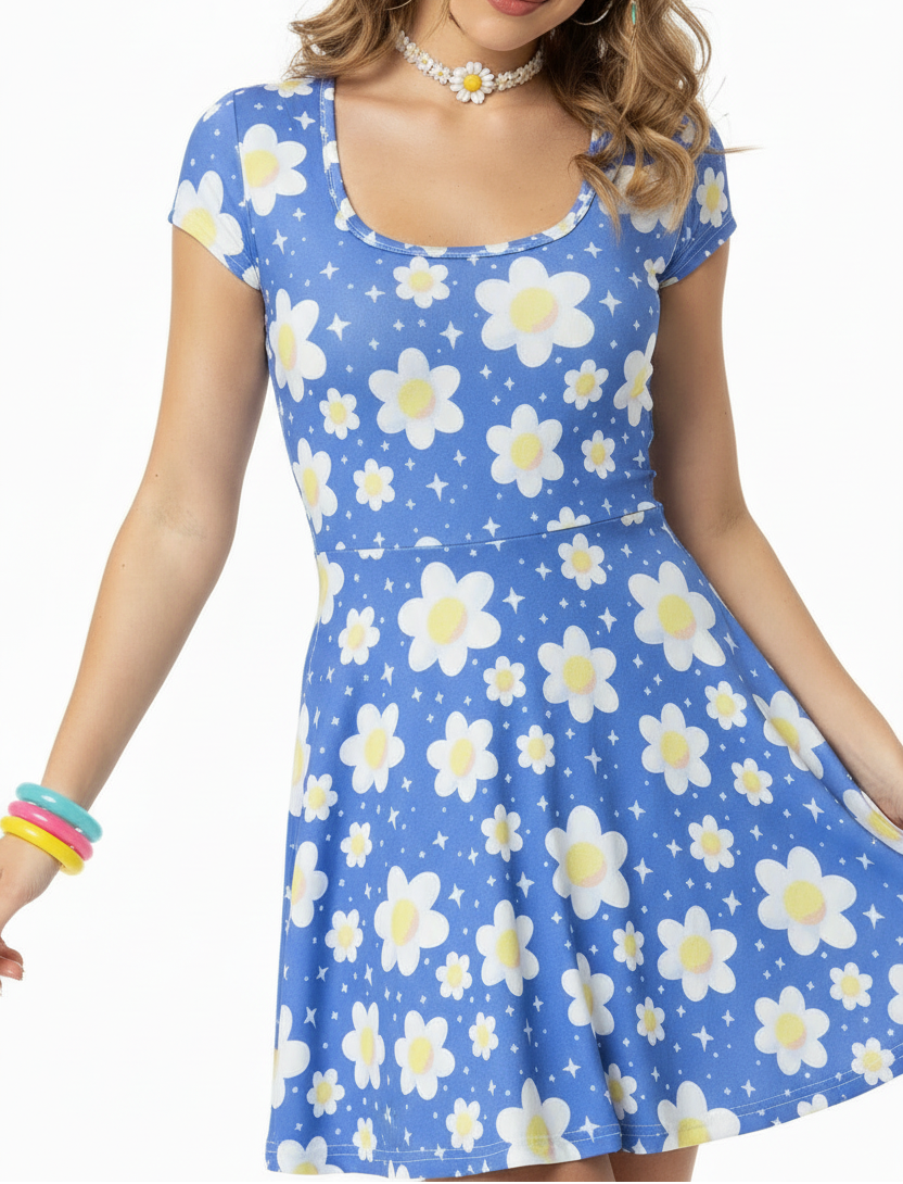 Daisy Dreams Sporty Women’s Square Neck Cap Sleeve Athletic Exercise Mini Dress With Shorts (Cobalt Blue) cute cottagecore flower flowers y2k trendy summer sexy micro mini dress sportswear skater dress circle skirt navy blue