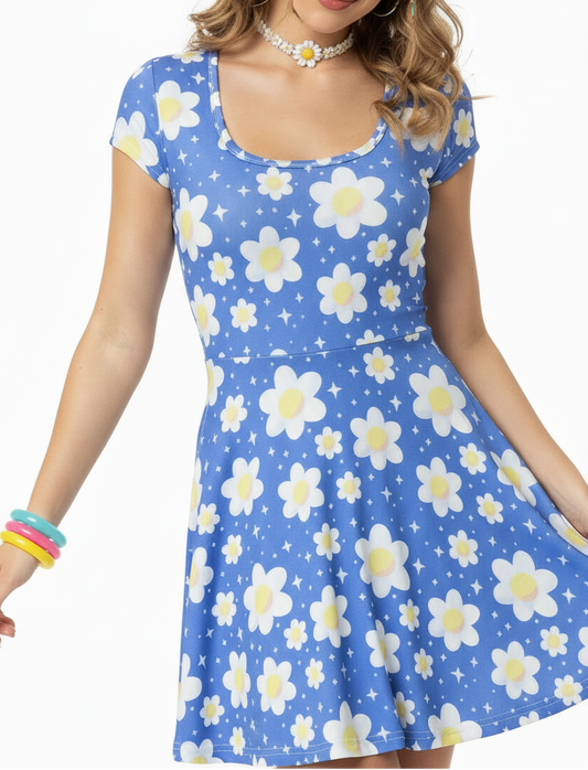 Daisy Dreams Sporty Women’s Square Neck Cap Sleeve Athletic Exercise Mini Dress With Shorts (Cobalt Blue) cute cottagecore flower flowers y2k trendy summer sexy micro mini dress sportswear skater dress circle skirt navy blue