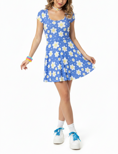 Daisy Dreams Sporty Women’s Square Neck Cap Sleeve Athletic Exercise Mini Dress With Shorts (Cobalt Blue) cute cottagecore flower flowers y2k trendy summer sexy micro mini dress sportswear skater dress circle skirt navy blue