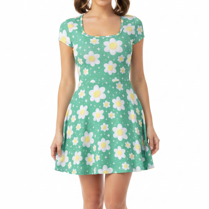 Daisy Dreams Sporty Women’s Square Neck Cap Sleeve Athletic Exercise Mini Dress With Shorts (Lucky Clover Shamrock Green) cute cottagecore flower flowers y2k trendy summer sexy micro mini dress sportswear skater dress circle skirt 