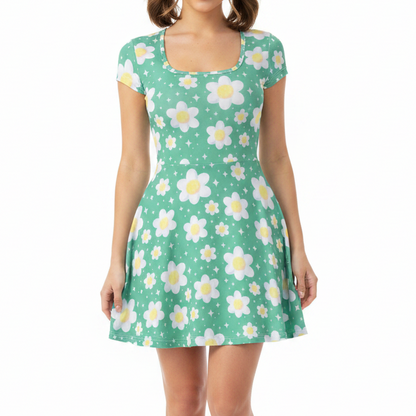 Daisy Dreams Sporty Women’s Square Neck Cap Sleeve Athletic Exercise Mini Dress With Shorts (Lucky Clover Shamrock Green) cute cottagecore flower flowers y2k trendy summer sexy micro mini dress sportswear skater dress circle skirt 