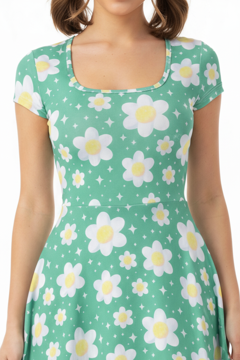 Daisy Dreams Sporty Women’s Square Neck Cap Sleeve Athletic Exercise Mini Dress With Shorts (Lucky Clover Shamrock Green) cute cottagecore flower flowers y2k trendy summer sexy micro mini dress sportswear skater dress circle skirt 