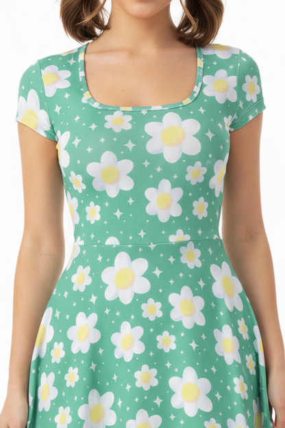 Daisy Dreams Sporty Women’s Square Neck Cap Sleeve Athletic Exercise Mini Dress With Shorts (Lucky Clover Shamrock Green) cute cottagecore flower flowers y2k trendy summer sexy micro mini dress sportswear skater dress circle skirt 