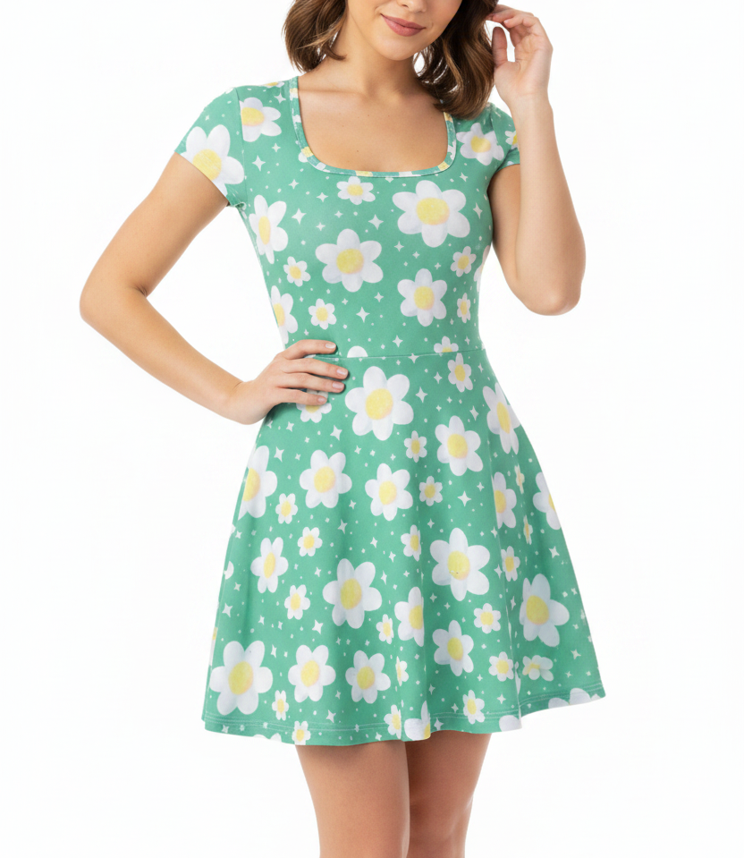 Daisy Dreams Sporty Women’s Square Neck Cap Sleeve Athletic Exercise Mini Dress With Shorts (Lucky Clover Shamrock Green) cute cottagecore flower flowers y2k trendy summer sexy micro mini dress sportswear skater dress circle skirt 