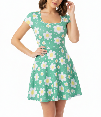 Daisy Dreams Sporty Women’s Square Neck Cap Sleeve Athletic Exercise Mini Dress With Shorts (Lucky Clover Shamrock Green) cute cottagecore flower flowers y2k trendy summer sexy micro mini dress sportswear skater dress circle skirt 